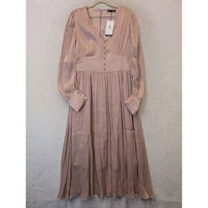 ANEWSTA Women's Pink Victorian Metallic V Neck Button Front Maxi Dress Size M